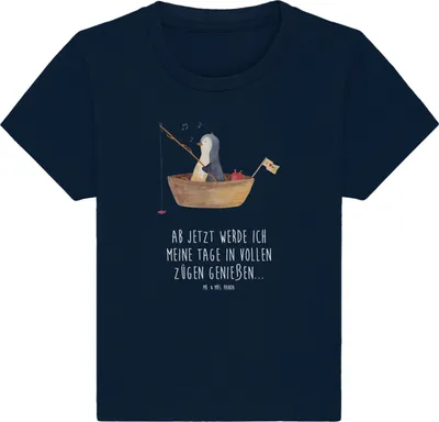 Produktbild von Mr. & Mrs. Panda Babyshirt Pinguin Angelboot 0. - 6. Monat - French Navy - Geschenk, Organic Baby Shirt, Kinder Top,  T-Shirt, Angeln, Optimistisch, Boot, Genießen