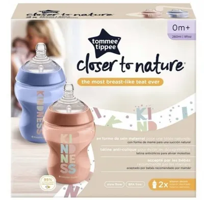 Zdjęcie produktu dla Tommee Tippee Closer To Nature Butelka do karmienia ze smoczkiem silikonowym 0m+, 2x260ml