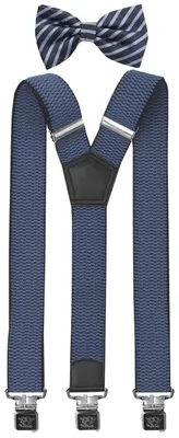 Produktbild von Fabio Farini - 1 Stück mit passender Fliege als Set 4cm Y-Form für Herren Pack Blauen 4cm Hosenträger - Blau/Dunkelblau Gestreiften Fliege