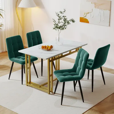 Immagine prodotto di Tavoli da pranzo MODFU 120x70 cm e set di sedie (5 pezzi), set da pranzo, cucina, tavolo da cucina, sedia da pranzo, in velluto, verde e oro