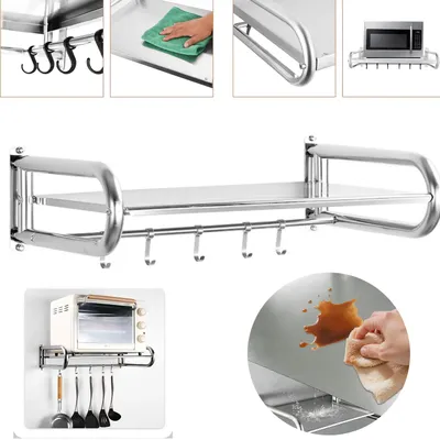 Produktbild von Edelstahl Mikrowellenhalter zur Wandmontage, Küchen‑Wandregal mit 5 Haken, für Mikrowelle, Backofen und Küchenutensilien
