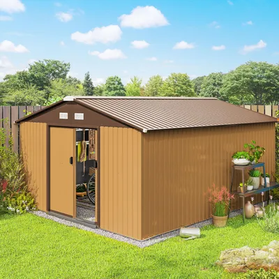 Zdjęcie produktu dla Domek narzędziowy metalowy Outsunny 26,2 m³, 340 x 386 x 200 cm, z dachem dwuspadowym, drzwiami przesuwnymi, odporny na warunki atmosferyczne, do użytku na zewnątrz, żółty