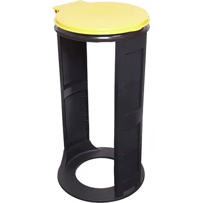 A black trash bag stand with a yellow lid, shown against a white background.