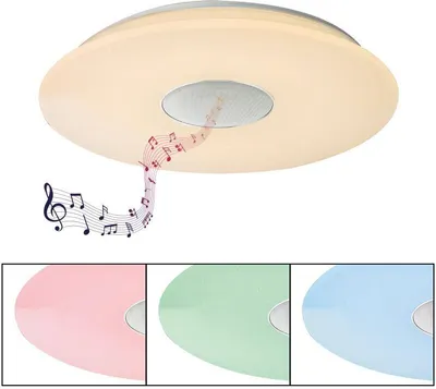 Productafbeelding van Globo Lighting plafondlamp, metaal, wit, kunststof, opaalwit, dimbaar, kleurwisselaar, kleuren vastzetbaar, geheugenfunctie, nachtlampje, afstandsbediening, luidspreker 5W, batterijen inbegrepen (2x AAA), diameter: 530mm, hoogte: 85mm, inclusief LED 50W 230V, 3600lm (lichtbron), 2600lm (lichtopbrengst), kleurtemperatuur 3000-6000K, inclusief RGB LED 7.5W 230V, kleurrijk