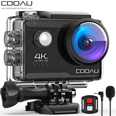 A black action camera in a clear waterproof case, mounted on a bracket, with accessories.