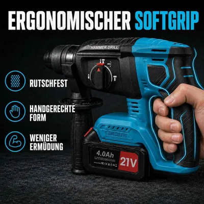 Produktbild von AIORBER Akku Bohrhammer 21V Bürstenlos SDS Plus Kombihammer mit 2x 4.0Ah Li-Ion Akkus Ladegerät Bohrer Meißel Set Blau Schwarz
