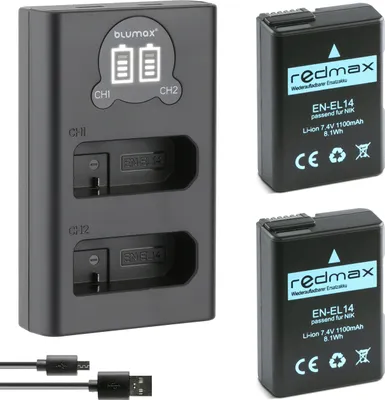 Produktbild von 2x Akku + LCD Lader  für Nikon EN-EL14 1100mAh