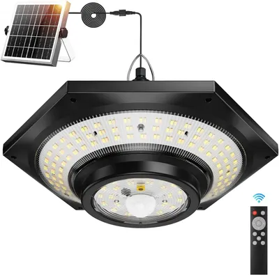 Produktbild von Solar Lampe mit Bewegungsmelder Außen & Innen, 228 LEDs, 3 Farbtemperaturen, IP65 Solarleuchte für Gartenhaus, Pavillon & Scheune