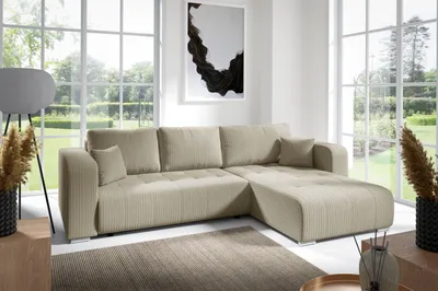 Produktbild von Ecksofas in L-Form ANTONIO CALVIN 288x185x70cm, Schenkel/Ottomane rechts oder links, Schlaffunktion & Bettkästen, Eckarniutur, Bezug - Cord in Hellbeige