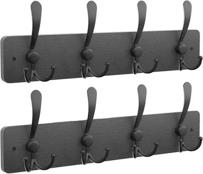 Produktbild von Wandgarderobe, 2-teilig, 8-fach, Haken in Schwarz, Holz, für Mantel, Jacke, Hut, Tasche, für Flur, Badezimmer