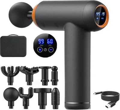 Zdjęcie produktu dla Pistolet do masażu – tkanki głębokie/powięź – 99 poziomów – 8 nasadek – wyświetlacz LED – akumulator 1800 mAh – 1800–6800 obr./min – czarny
