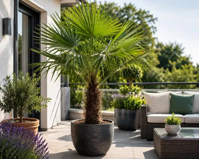 Produktbild von Chinesische Hanfpalme 130–160 cm Trachycarpus fortunei winterharte Fächerpalme für Garten Terrasse und Kübel, KI-generiertes Bild