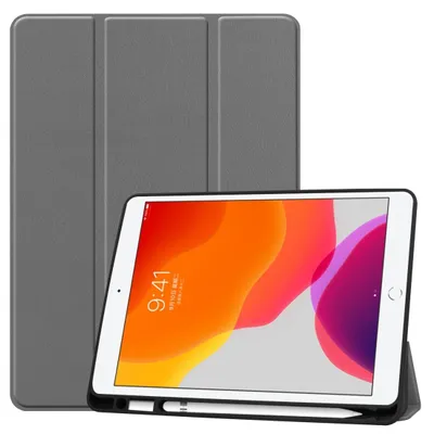 Produktbild von Mobigear Dreifach-Faltetui für iPad 9 (2021), aus TPU und Kunstleder, Klapphülle mit Stifthalter - Grau