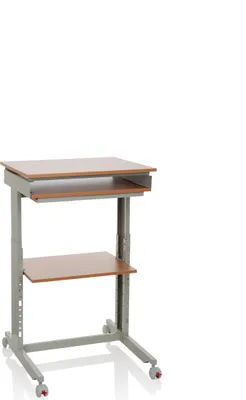 A mobile standing desk with two shelves and a keyboard tray, shown against a white background.