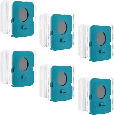 A set of six vacuum cleaner bags, each with a teal plastic housing and a gray circular opening, arranged in two columns and three rows on a white background.