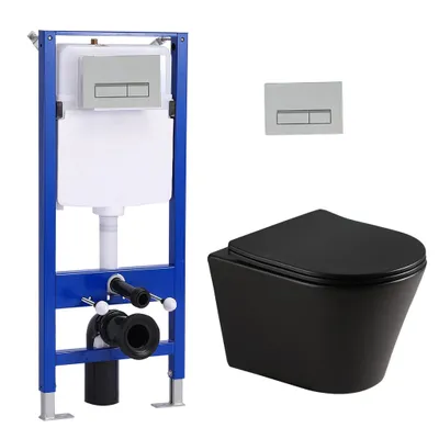Obrázok produktu pre Balenie WC predstenová súprava + závesné WC bez okrajov matná čierna + 114 cm skryté splachovacie nádržky s obdĺžnikovou chrómovou stláčacou doskou HOROW