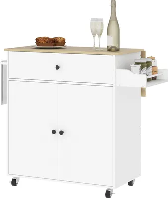 Immagine prodotto di Carrello da cucina ad isola con ruote con piano di lavoro ribaltabile, cassetto, mobile da cucina con rotelle con ripiano, portasciugamani, portaspezie, carrello di servizio bianco