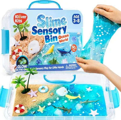 Productafbeelding van Slijm sensorische set oceaanwereld met lichtgevende stenen - Zand en klei - Zeedieren inbegrepen - Cadeau-idee