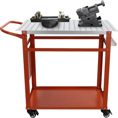 Obrázok produktu pre Mobilný zváračský stôl – kovová pracovná doska – nosnosť 270 kg – pracovná plocha 91 x 61 cm – robustná konštrukcia – červený