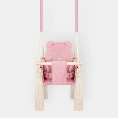 Image de Balançoire Bébé d’Intérieur en Velours Rose – Pour Bébés et Jeunes Enfants – Harnais de Sécurité, Design Ourson, Cadre en Bois – Fabriqué dans l’UE