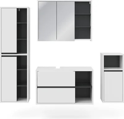 A set of modern bathroom furniture pieces displayed against a white background.