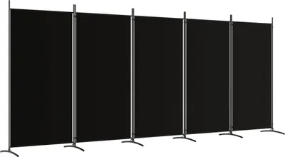 A black room divider made of fabric panels supported by metal poles and stands.