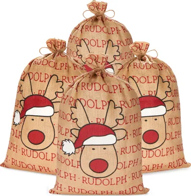 Immagine prodotto di BRUBAKER Sacco di Natale renna Rudolph con cappello di Babbo Natale - 80 cm Sacco regalo di Natale - Sacco di Babbo Natale in iuta, 4 pezzi