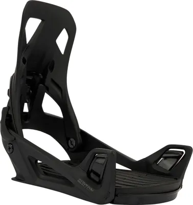 A black snowboard binding is shown against a white background.