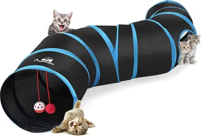 Produktbild von S-förmiger zusammenklappbarer Katzentunnel - Interaktives Katzentunnel mit Pompon und Glocken - Spieltunnel für kleine Tiere 25x97cm Schwarz