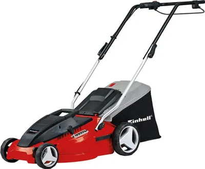 A red and gray electric lawnmower with a black grass catcher bag, shown from a three-quarter front-side angle against a white background.