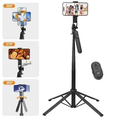 Produktbild von Selfie-Stick mit Stativ, 180 cm ausziehbar, 360° drehbar, abnehmbare Fernbedienung, für Smartphone & Kamera