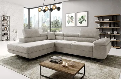 Produktbild von Easy4You Ecksofa Creme AVATAR Kord L-Form – 277x73x203 cm - Schlafsofa mit Bettkasten und Schlaffunktion - Eckcouch mit Stauraum – Links – Stoff Kord POSO 100