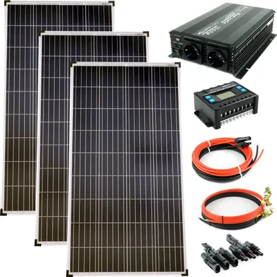 Produktbild von Solar Set 12V 3x140 Watt Poly Solarpanel Kabel Wechselrichter 1500W Solaranlage PV