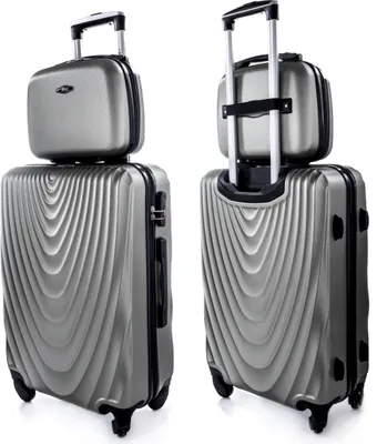 Two views of a silver luggage set, a large suitcase with a smaller cosmetic case on top.