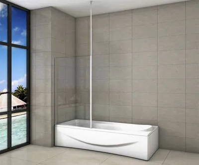A modern bathroom with a bathtub and a glass shower screen, featuring a large window with a view of a tropical beach.