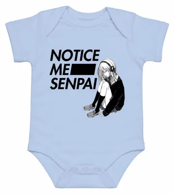 Imagen del producto de AVISO: Body para bebé con diseño "Notice Me Senpai" (inspirado en anime y manga), estilo "kawaii" y "Y2K", con motivos japoneses y para amantes del anime ("otaku"). Color: azul cielo. Talla: 0/3 meses