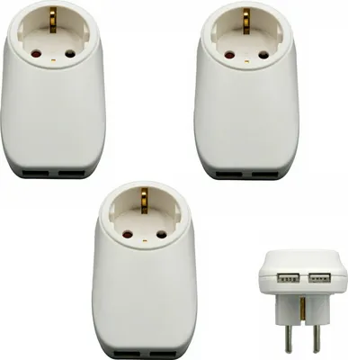 A collage of white electrical adapters with USB ports.