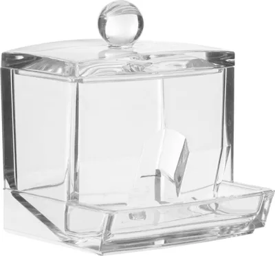 A clear, studio shot of a transparent cotton swab dispenser.