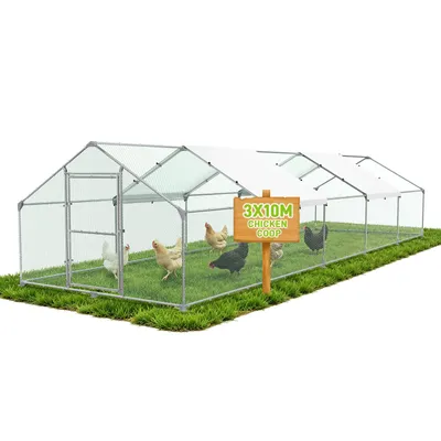 Immagine prodotto di Recinto per galline QEENTOE, con porta chiudibile, dimensioni 3x10 metri, realizzato in acciaio zincato. Recinto per piccoli animali, pollaio con tetto, adatto per galline e altri volatili