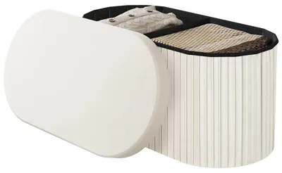 Immagine prodotto di Pouf rotondo in velluto - Poggiapiedi contenitore - Pieghevole - Coperchio imbottito e removibile - Grande - Colore crema
