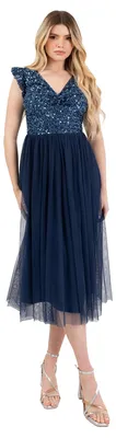 Productafbeelding van Maya Deluxe dames midi-jurk met V-hals, vlindermouwen en pailletten