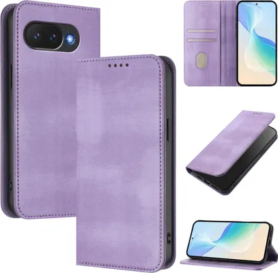 Image de Housse de téléphone portable pour Google Pixel 10A, Vintage Cuir RFID Protection Porte-carte Stand Fonction Housse magnétique à rabat Violet