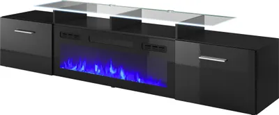 Produktbild von Furniture24 Fernsehschrank Rova mit elektrischem Kamin Lowboard Unterschrank 2 Klappen Schwarz, 197x48x37