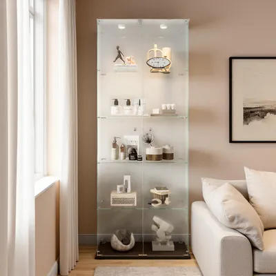 Produktbild von INONEFT Glasvitrine mit LED, Vitrinenschrank Doppeltür 5 Etagen, Hartglas, Verstellbare Einlegeböden, für Wohnzimmer, 36×80×183 cm, Schwarz