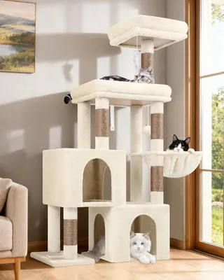 Imagen del producto de Katzenbaum en color beige, con 2 casas para gatos, 134 cm de altura, e incluye juguetes para interiores