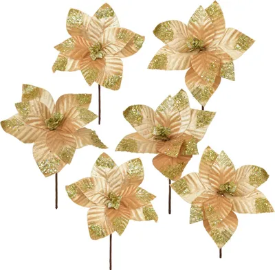 Produktbild von Poinsettie Blütenstecker aus Stoff, glitzernd, goldfarben, Ø 25 cm, 6 Stück