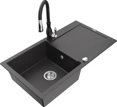 Produktbild von Mexen Leo 1 Becken-Granitspüle mit Abtropffläche und Mischbatterie Savita, Schwarz gesprenkelt - 6501-76-672601-70