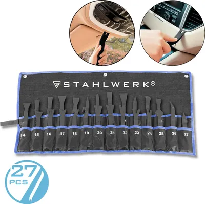 A collage showing a set of car trim removal tools, with close-ups of the tools being used inside a car.