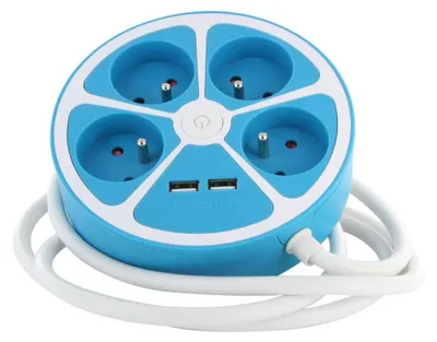 Produktbild von CHACON Steckdosenleiste, rund, 4 x 16 A, 1,5 m Kabel, mit 2 USB-A + Schalter – B