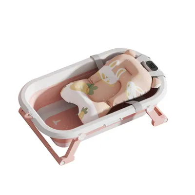 Image de Baignoire pour bébé Pliable avec thermomètre et coussin de bain antidérapant rose